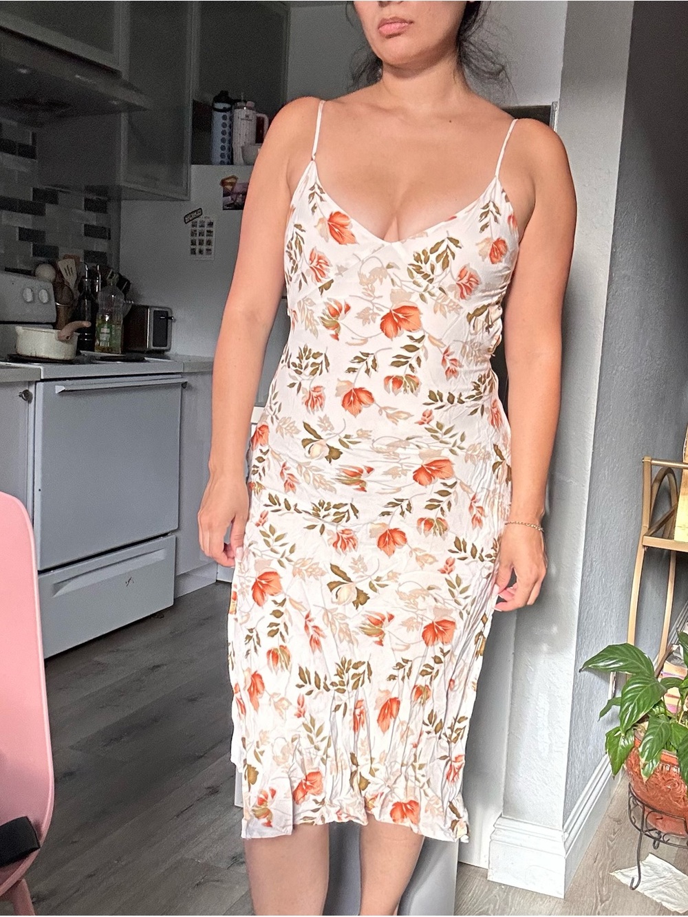 Floral Slip Midi Dress in Cream with Orange Tulip Print